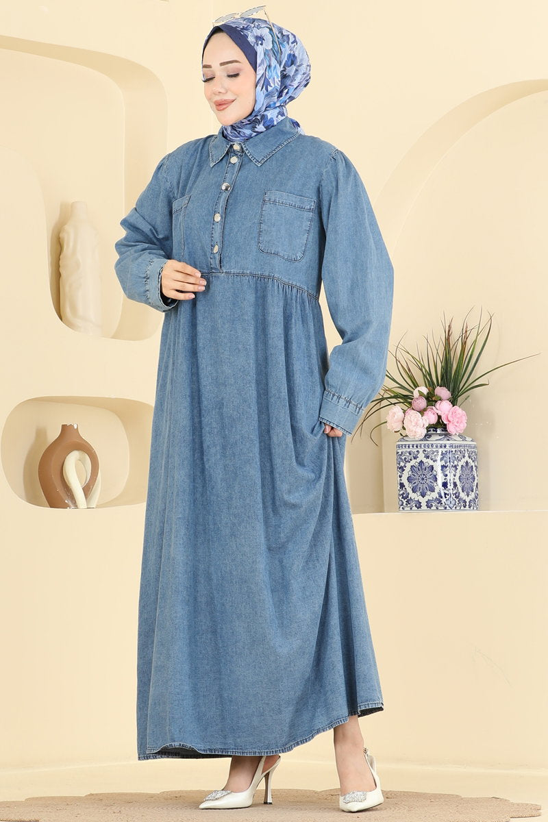 Half-Button Denim Dress with Pockets - Light Denim