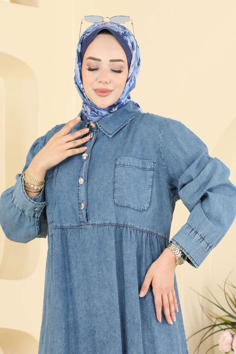 Half-Button Denim Dress with Pockets - Light Denim