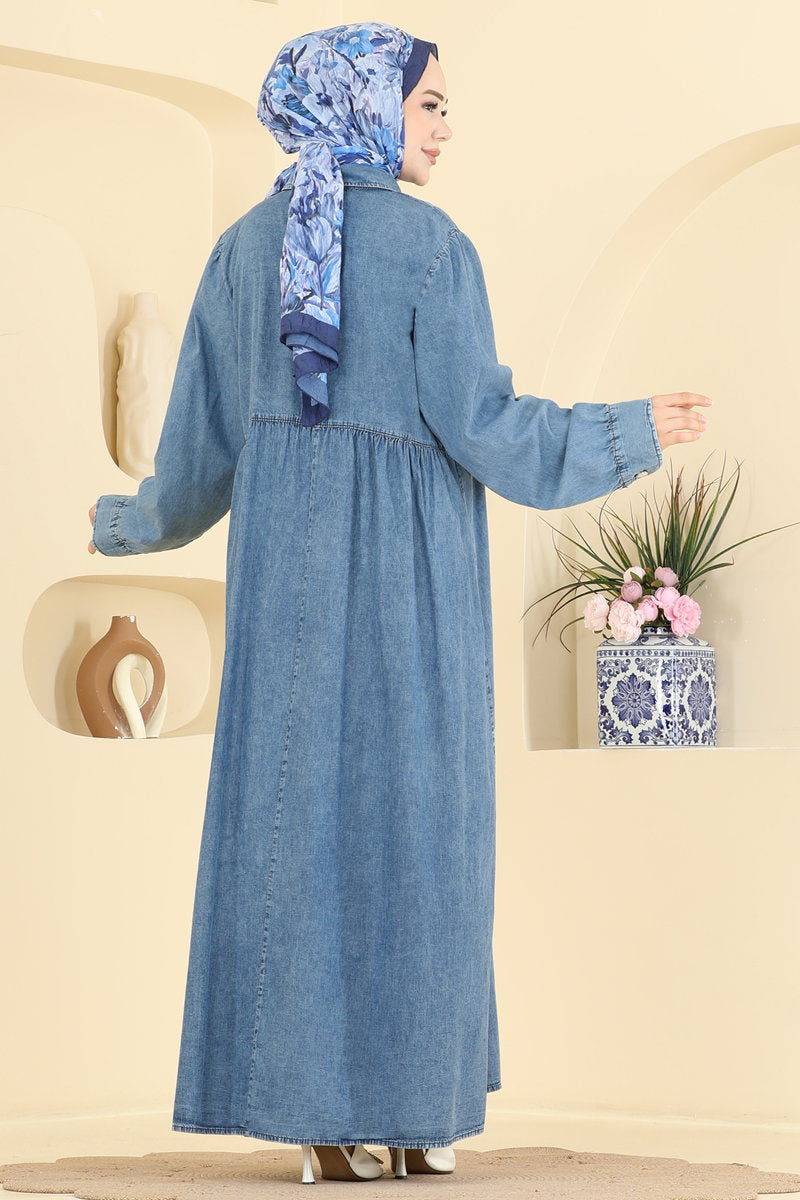 Half-Button Denim Dress with Pockets - Light Denim