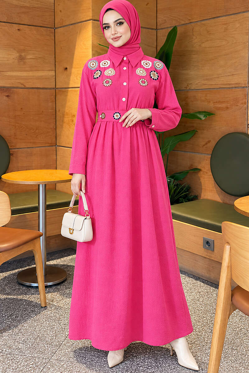 Half-Button Floral Embroidered Dress - Fuchsia