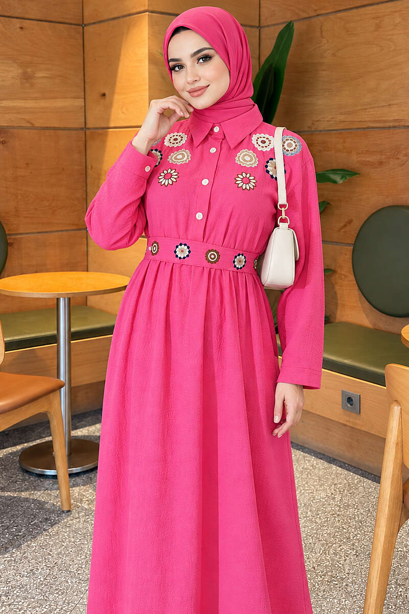 Half-Button Floral Embroidered Dress - Fuchsia
