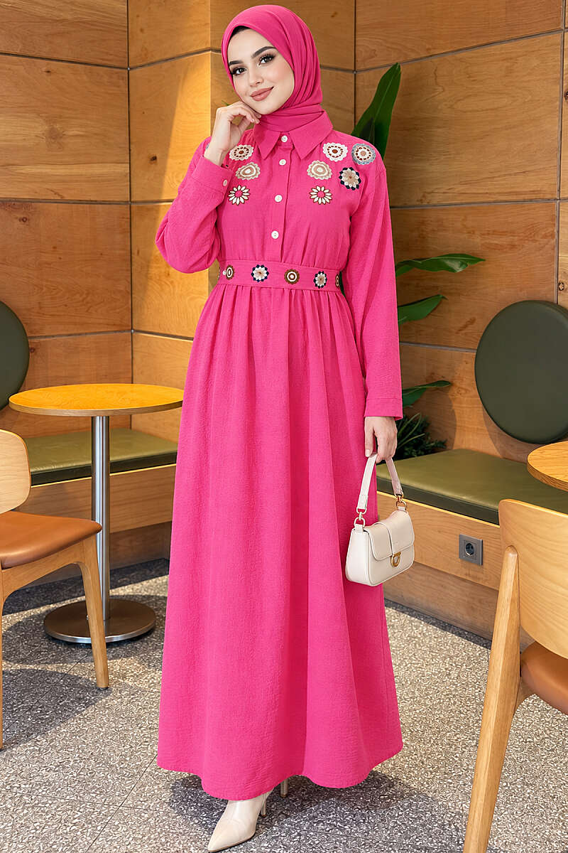 Half-Button Floral Embroidered Dress - Fuchsia