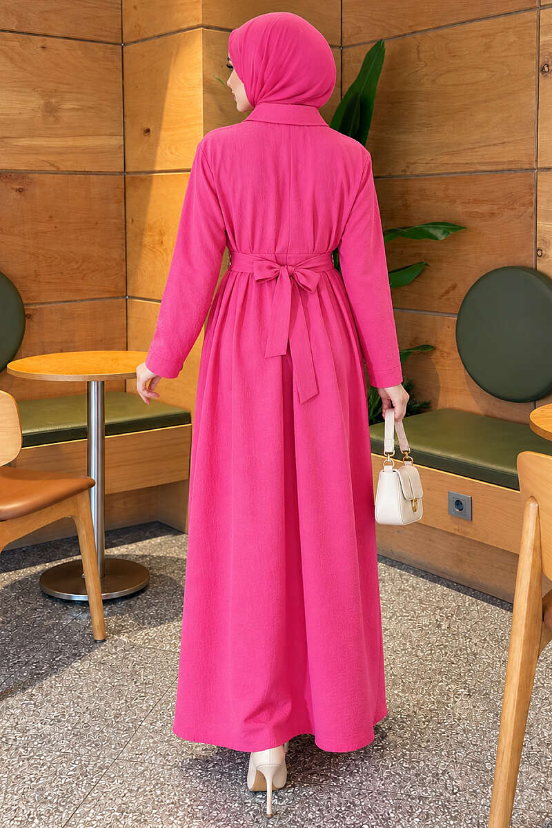 Half-Button Floral Embroidered Dress - Fuchsia