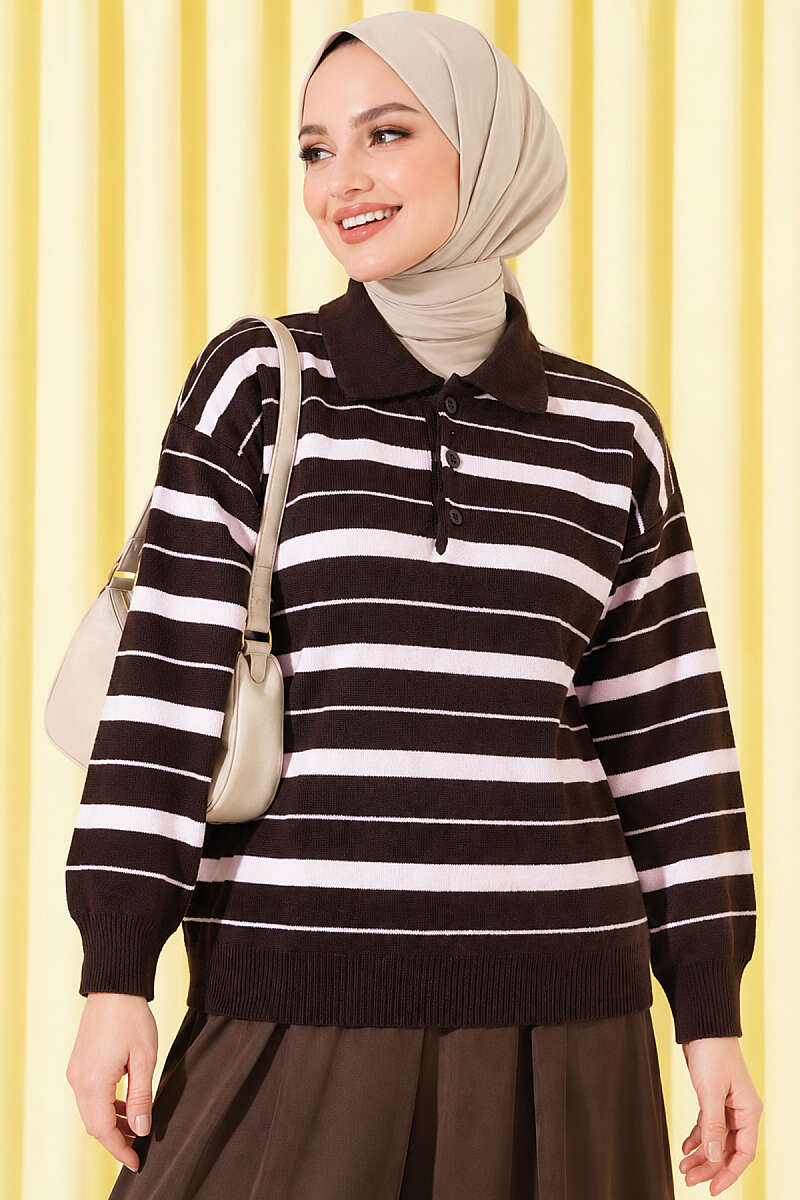 Half-Button Striped Knit Sweater - Brown