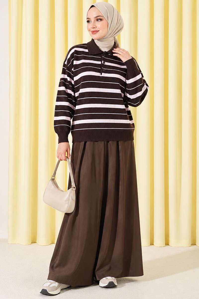 Half-Button Striped Knit Sweater - Brown