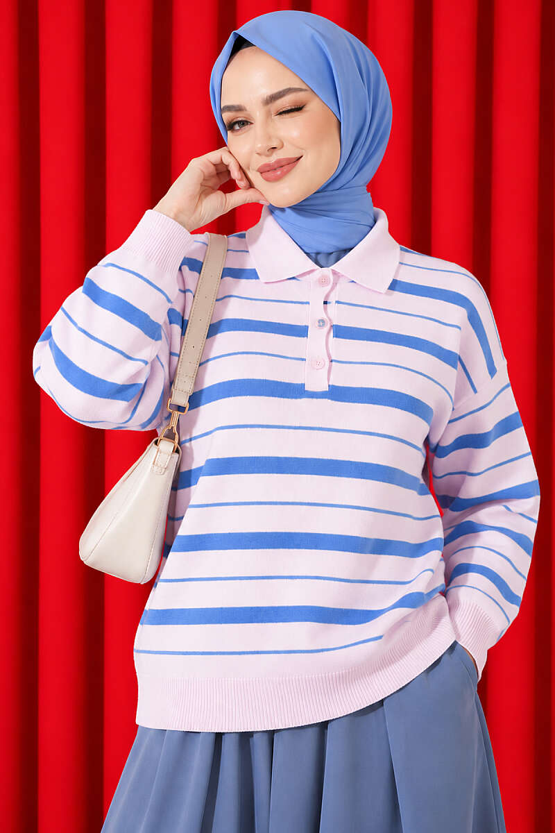 Half-Button Striped Knit Sweater - Pink