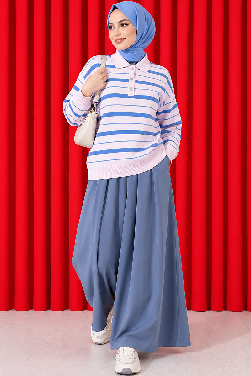 Half-Button Striped Knit Sweater - Pink