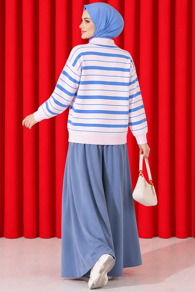 Half-Button Striped Knit Sweater - Pink