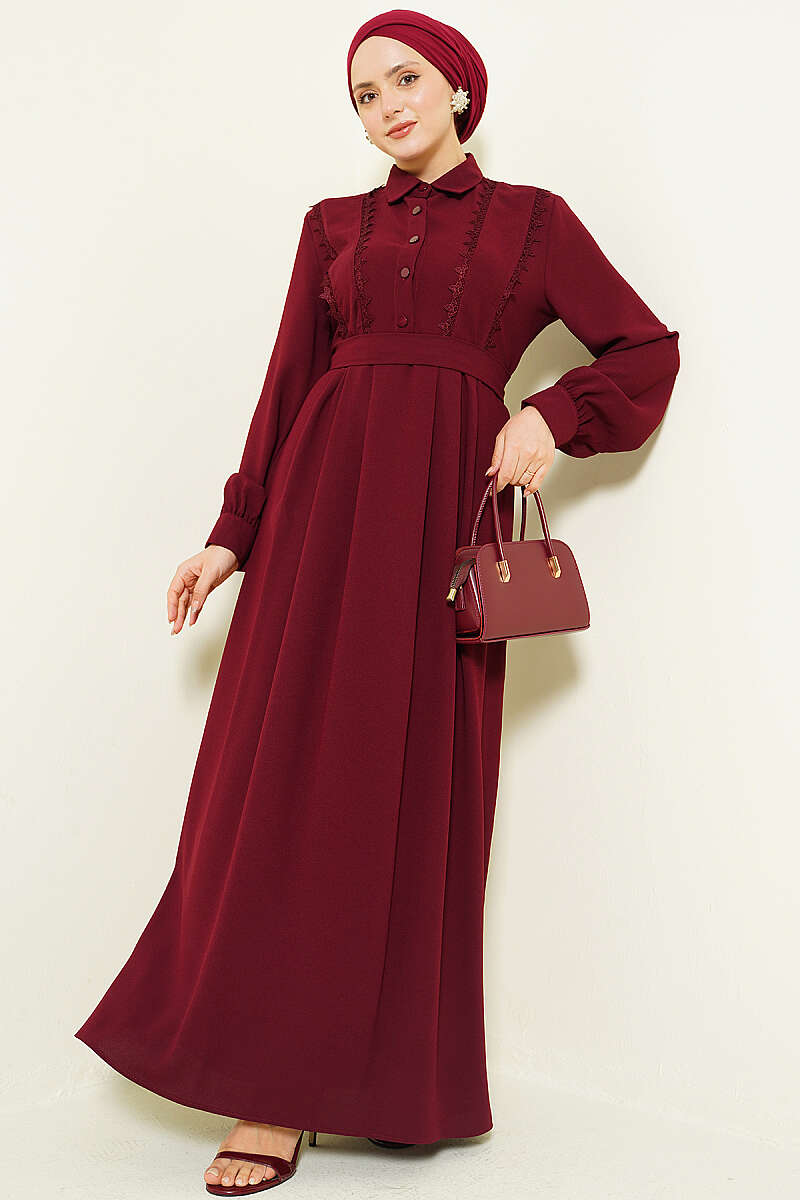 Half-Button Dress with Lace Detail - Burgundy