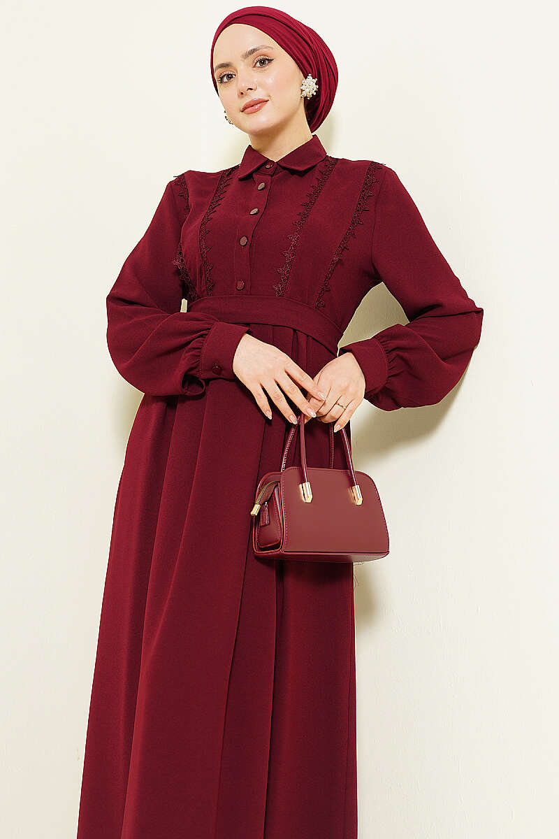 Half-Button Dress with Lace Detail - Burgundy