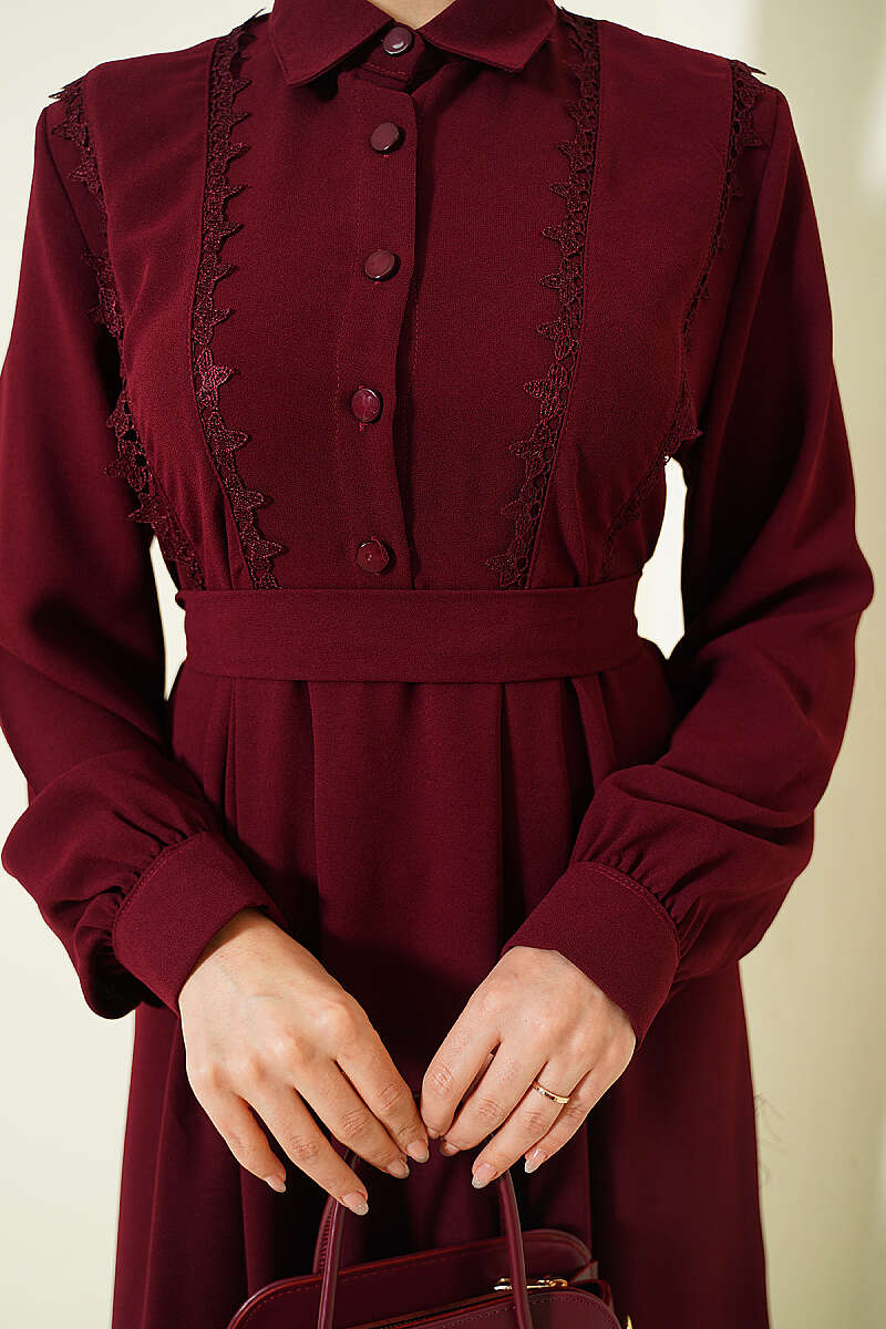 Half-Button Dress with Lace Detail - Burgundy