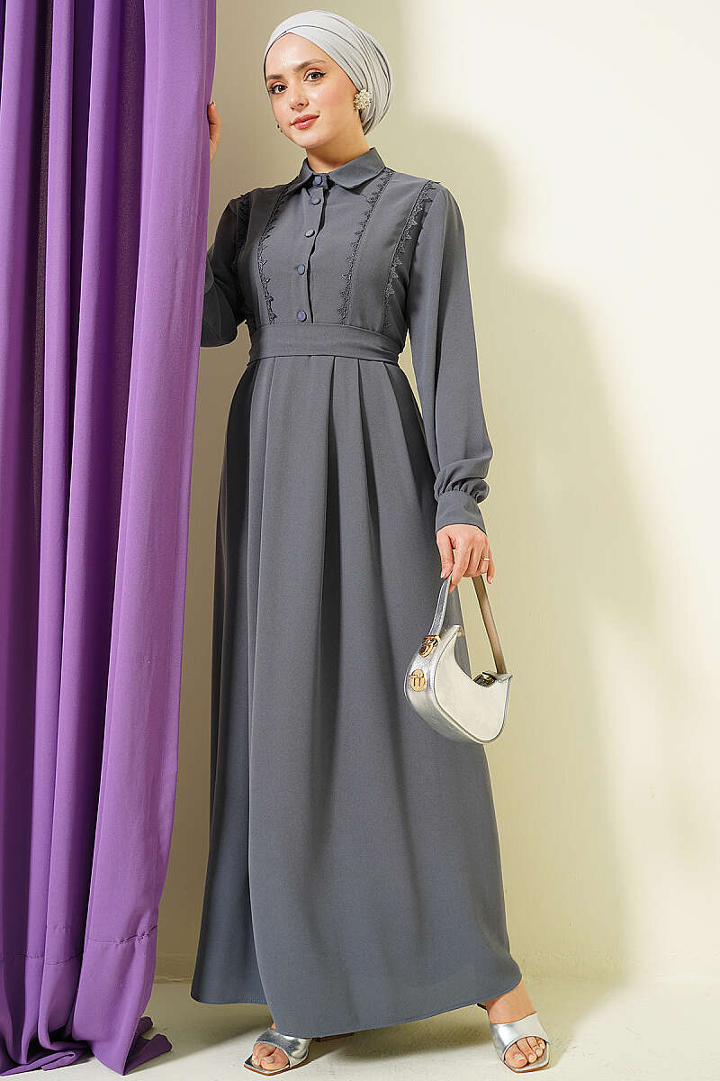 Half-Button Dress with Lace Detail - Grey