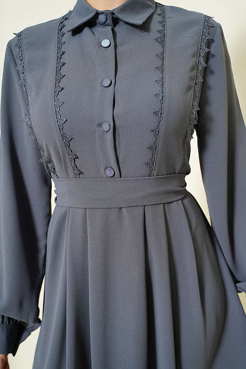Half-Button Dress with Lace Detail - Grey