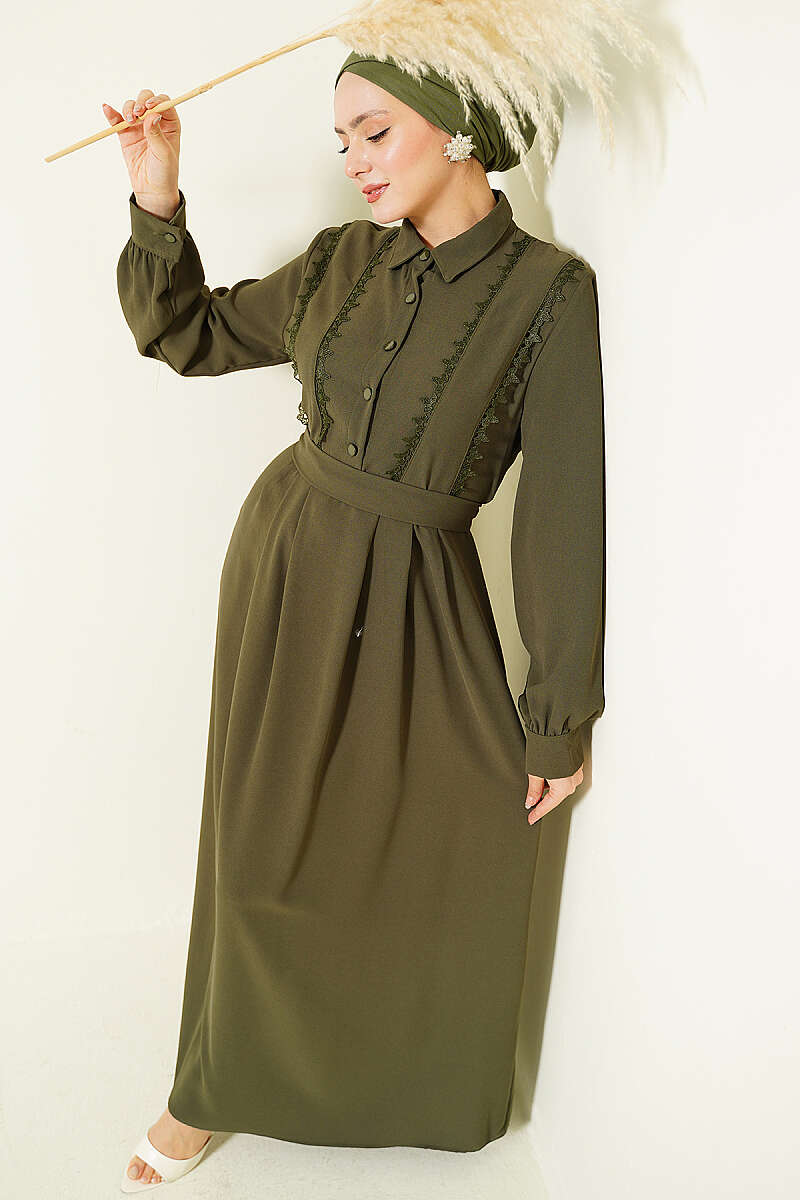 Half-Button Dress with Lace Detail - Khaki