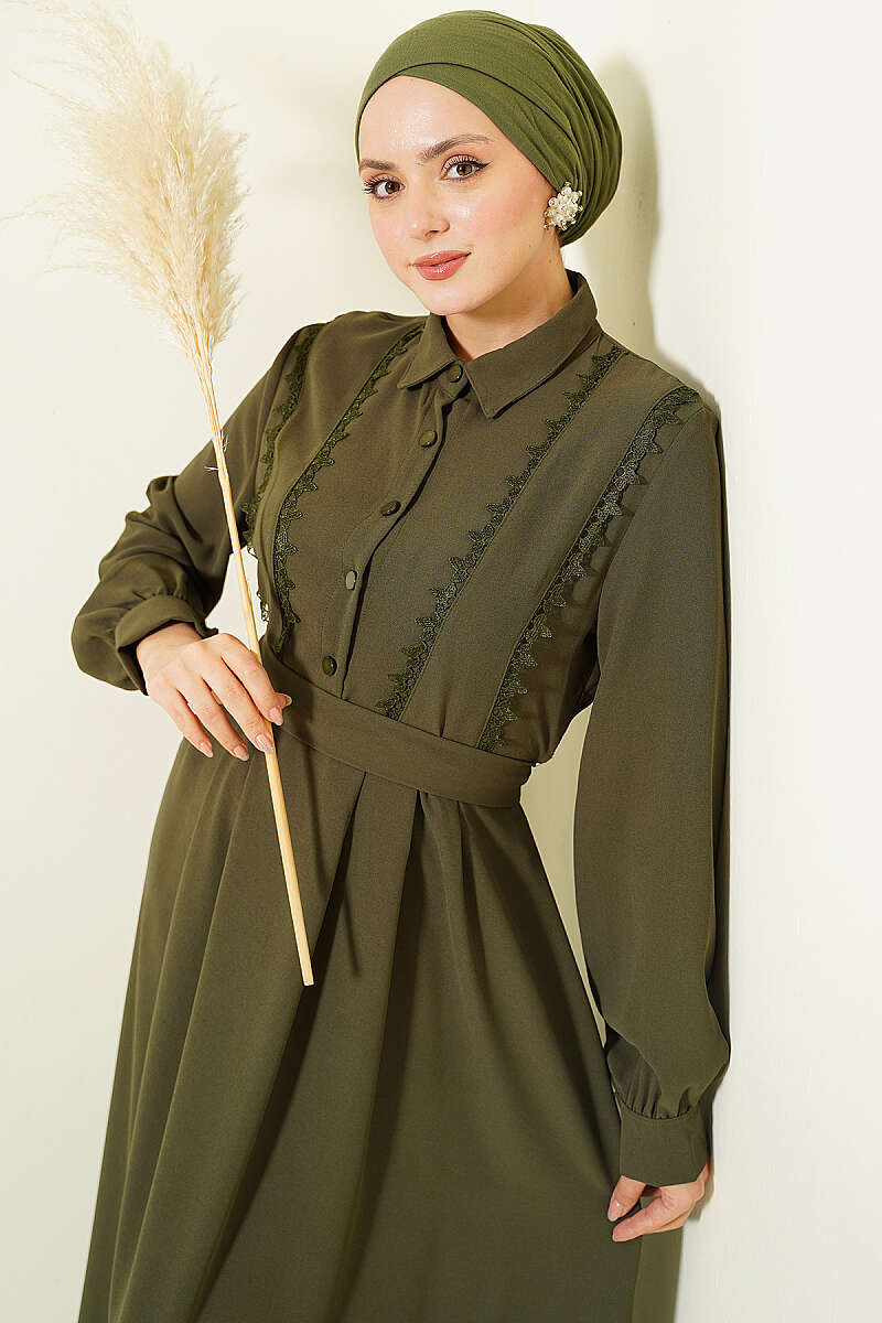 Half-Button Dress with Lace Detail - Khaki