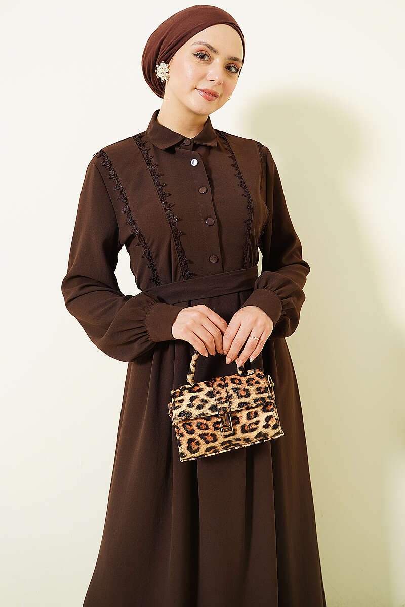Half-Button Dress with Lace Detail - Brown