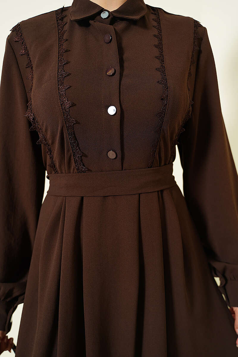 Half-Button Dress with Lace Detail - Brown