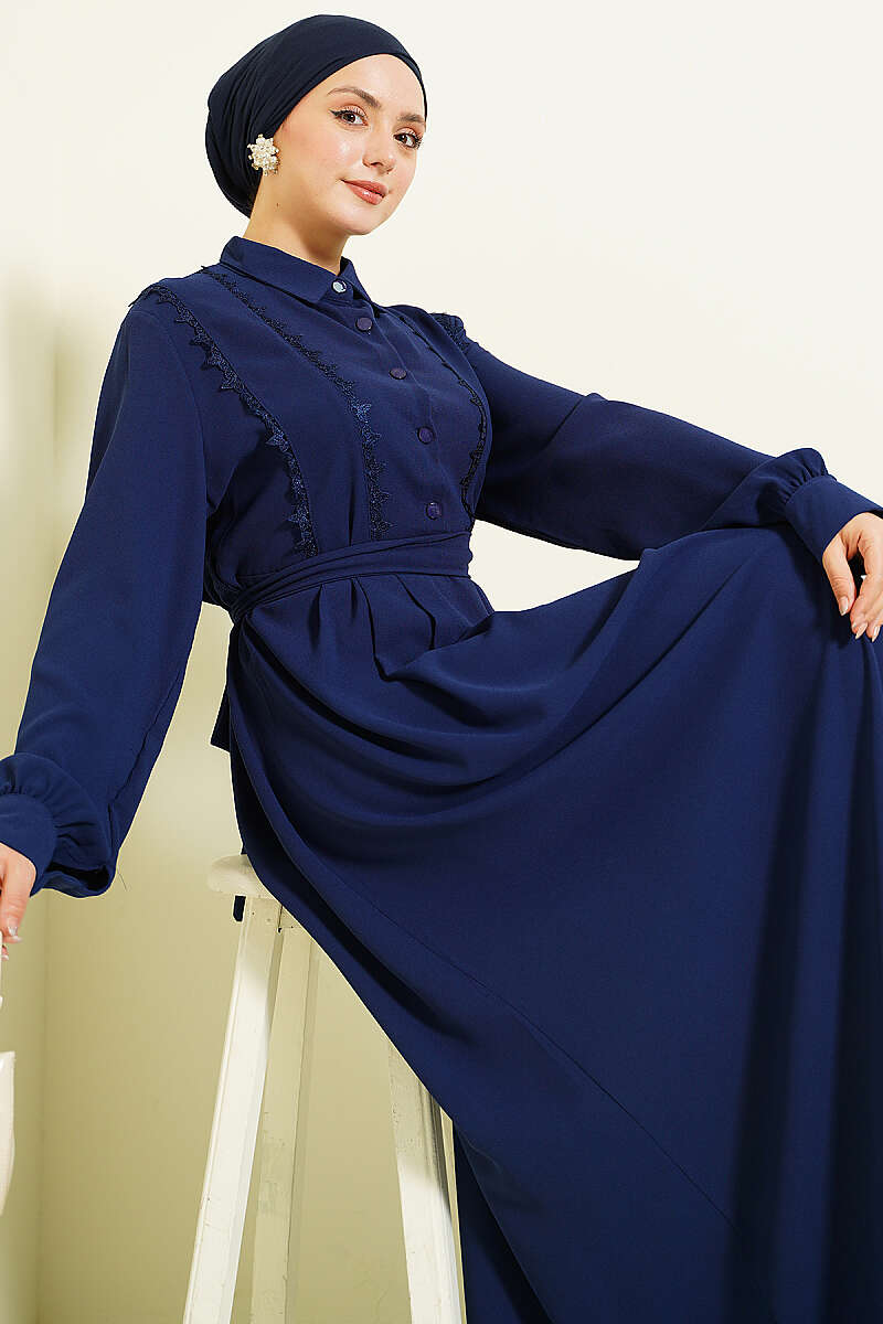 Half-Button Dress with Lace Detail - Navy