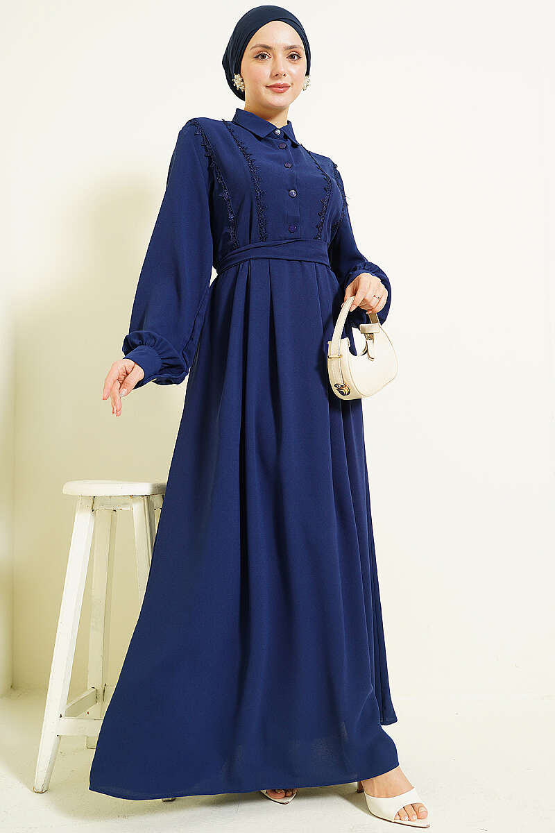 Half-Button Dress with Lace Detail - Navy