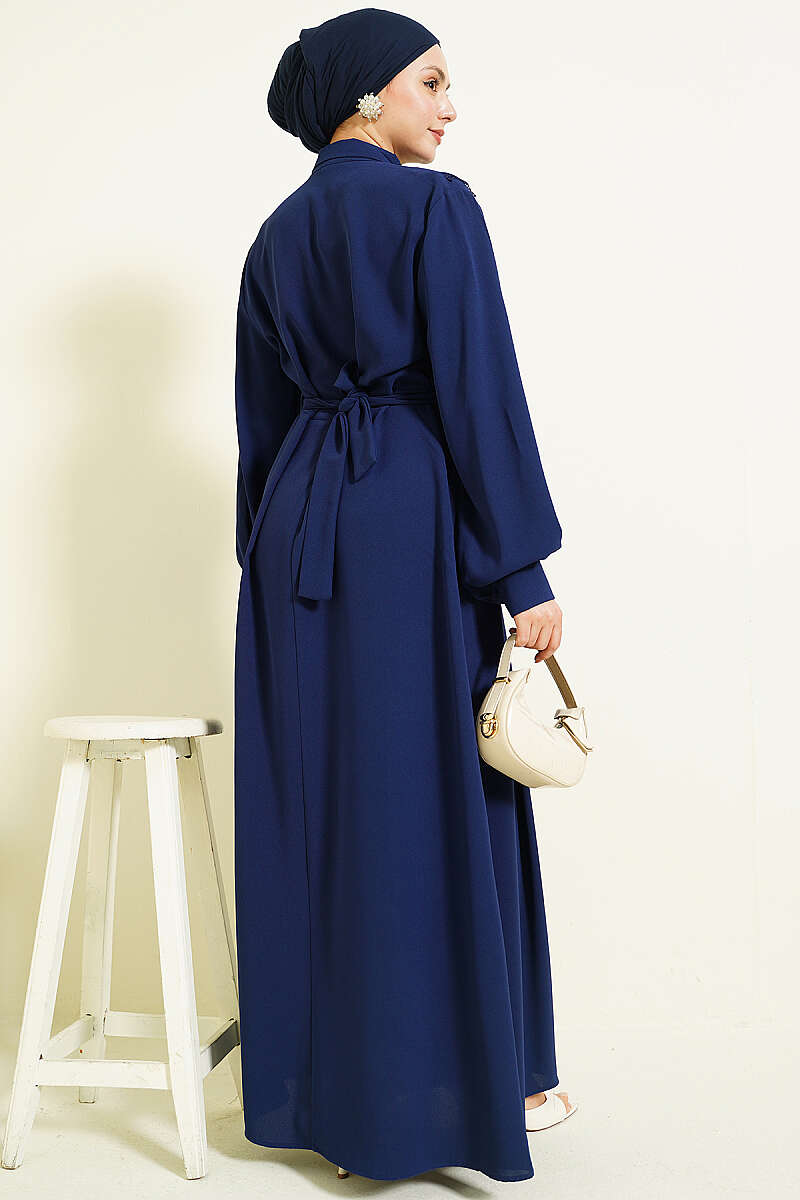 Half-Button Dress with Lace Detail - Navy