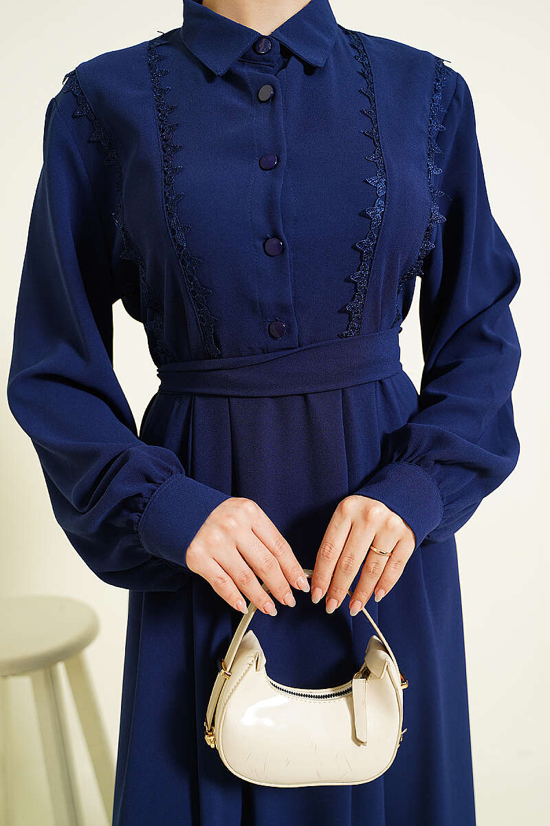 Half-Button Dress with Lace Detail - Navy