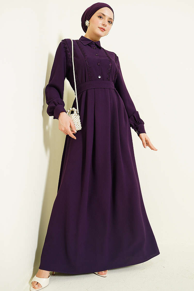Half-Button Dress with Lace Detail - Purple