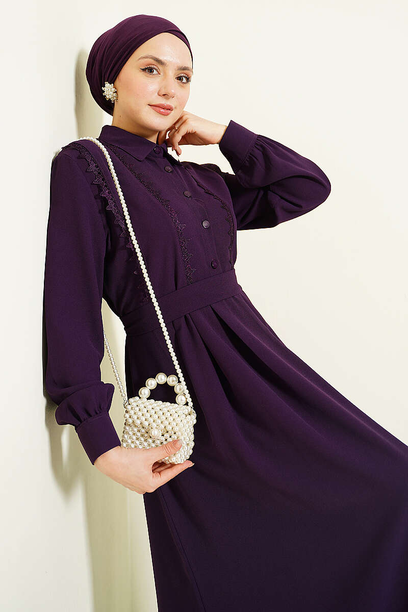 Half-Button Dress with Lace Detail - Purple