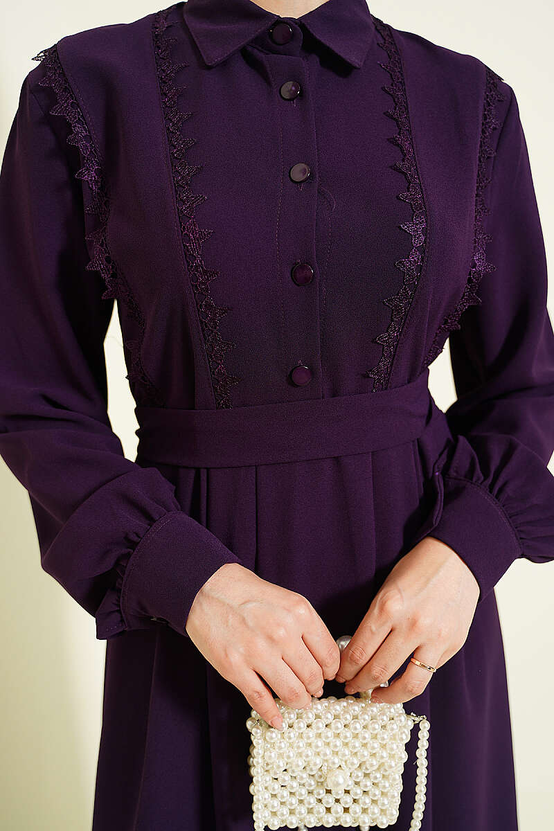 Half-Button Dress with Lace Detail - Purple