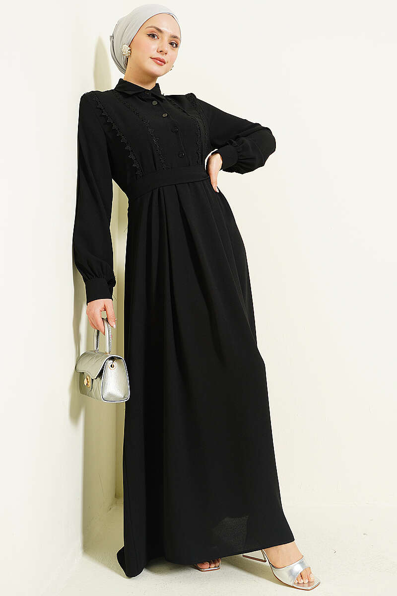 Half-Button Dress with Lace Detail - Black