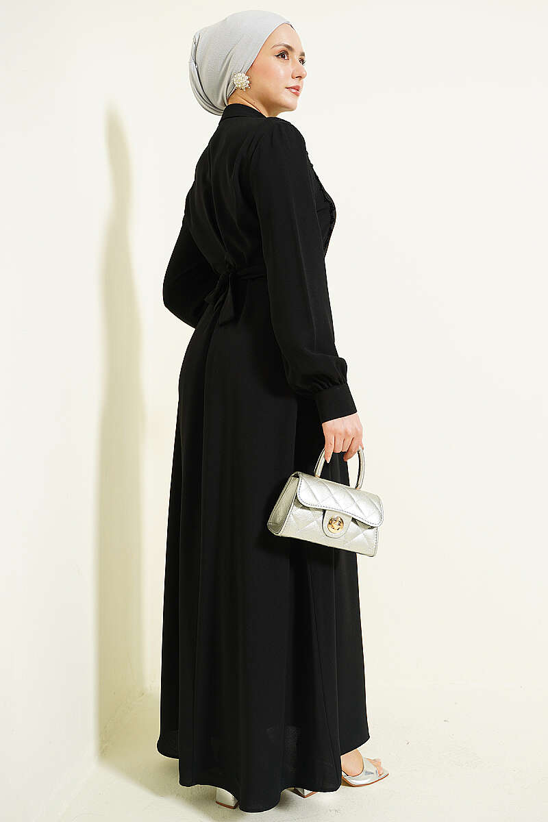 Half-Button Dress with Lace Detail - Black