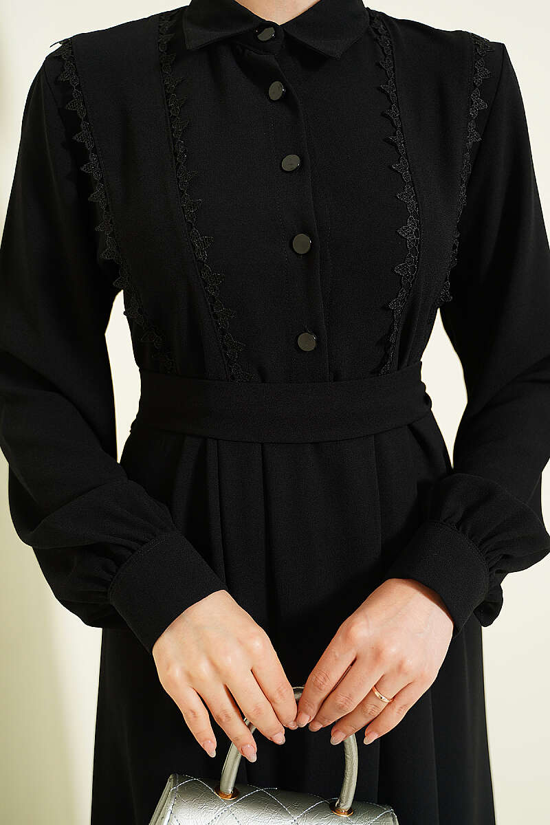 Half-Button Dress with Lace Detail - Black