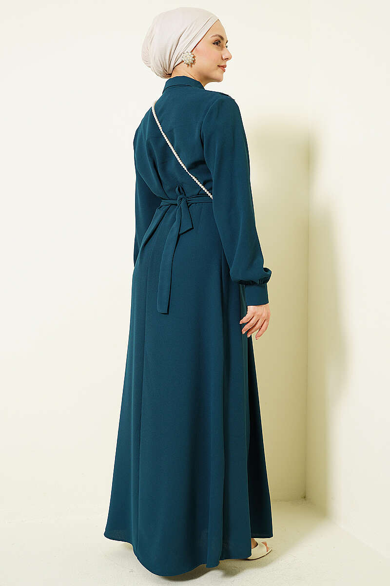 Half-Button Dress with Lace Detail - Emerald