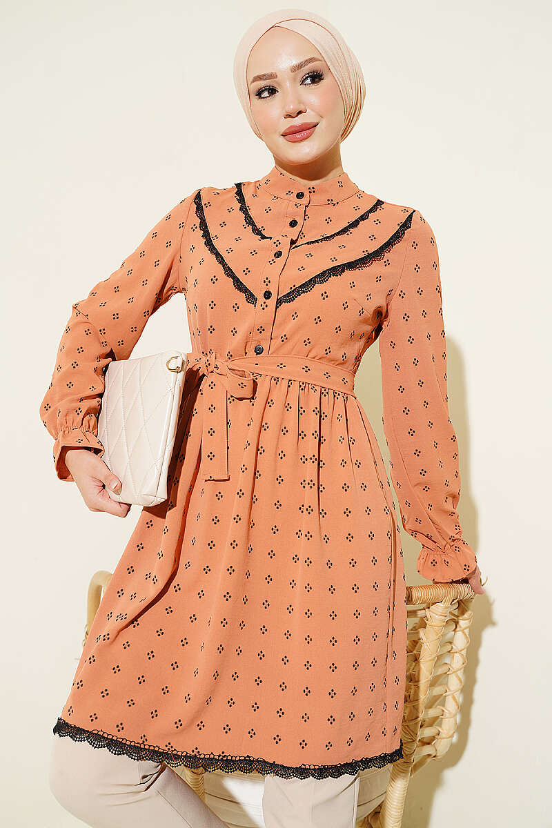 Half-Button Tunic with Lace Detail - Camel