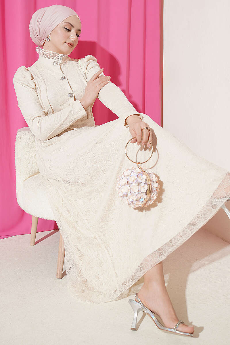 Half-Button Lace Evening Dress - Beige