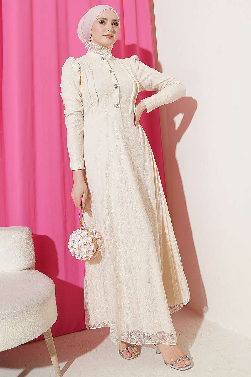 Half-Button Lace Evening Dress - Beige