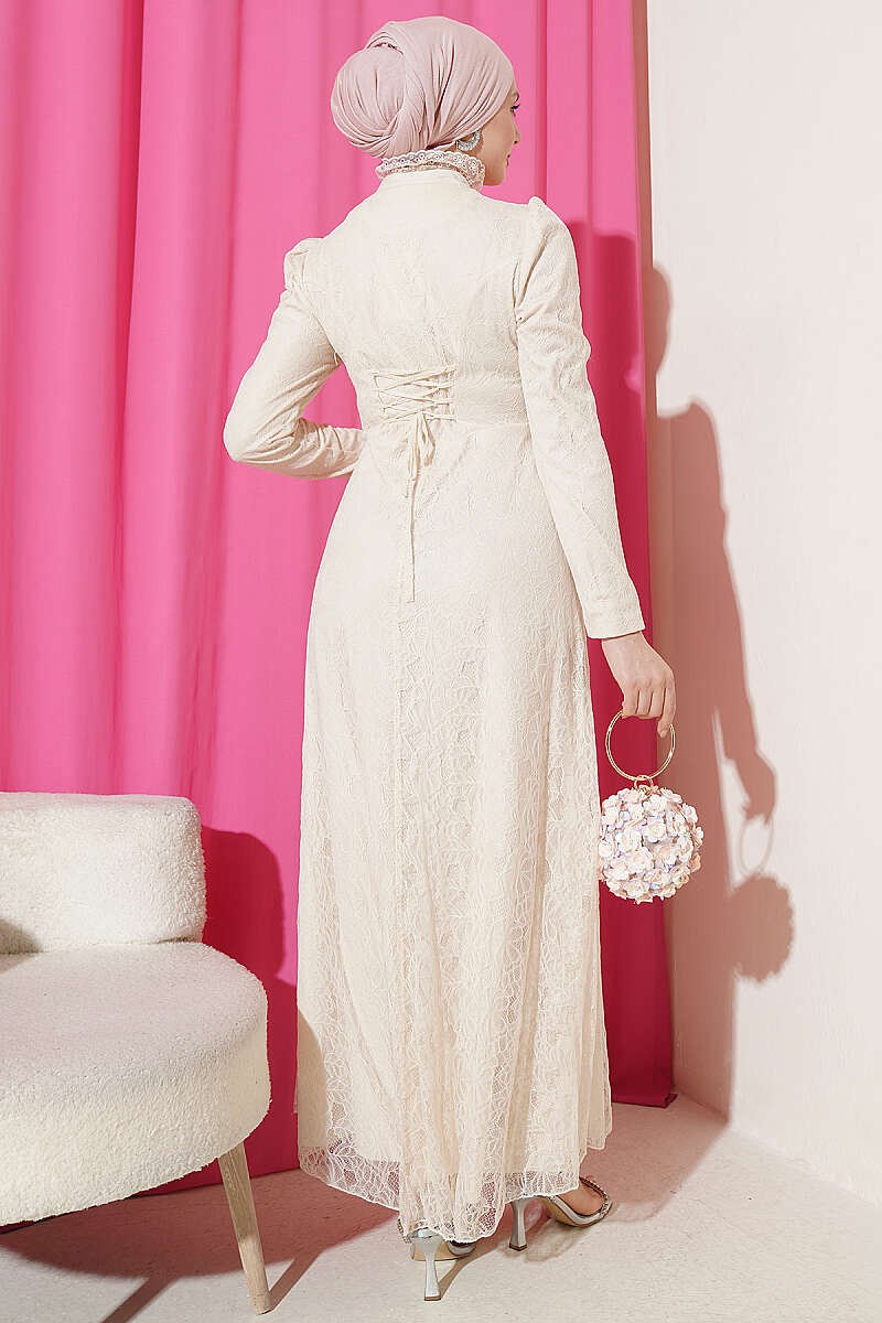 Half-Button Lace Evening Dress - Beige