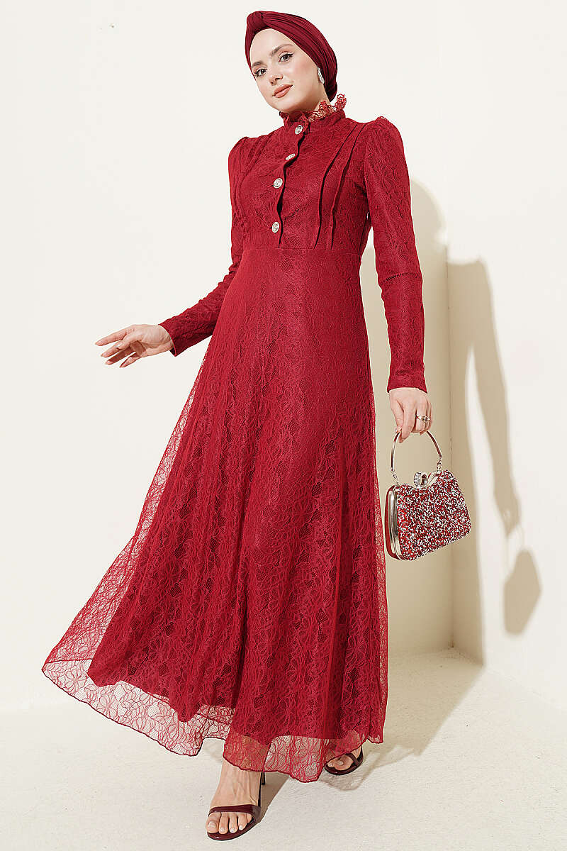 Half-Button Lace Evening Dress - Burgundy