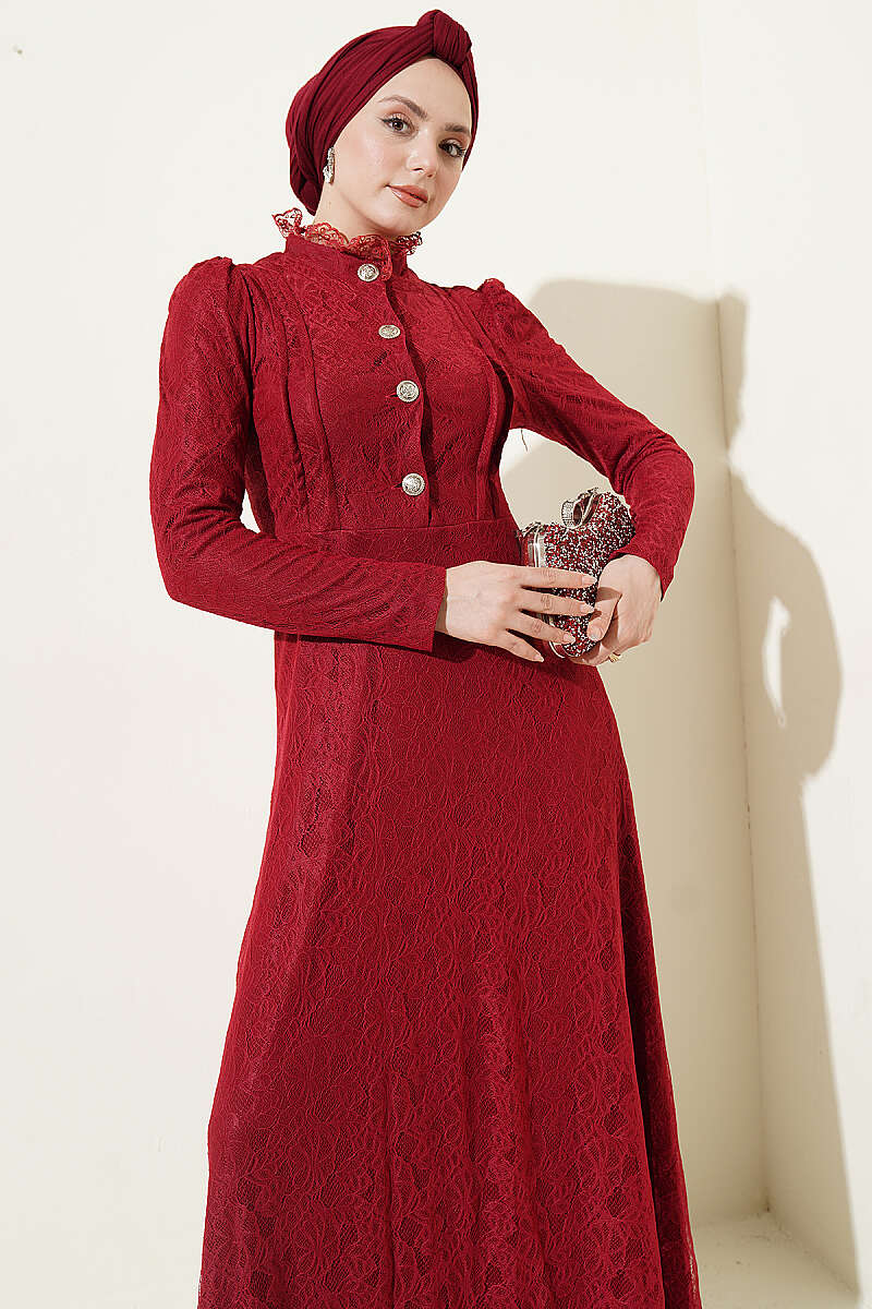 Half-Button Lace Evening Dress - Burgundy