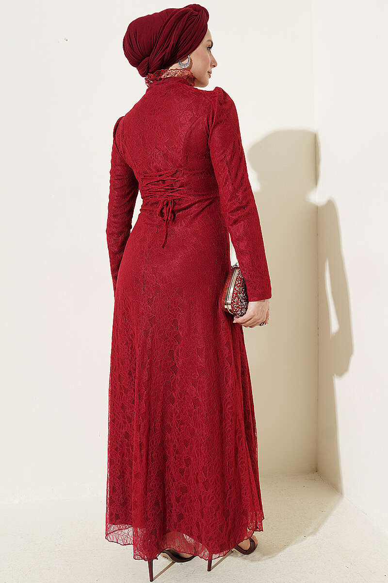 Half-Button Lace Evening Dress - Burgundy