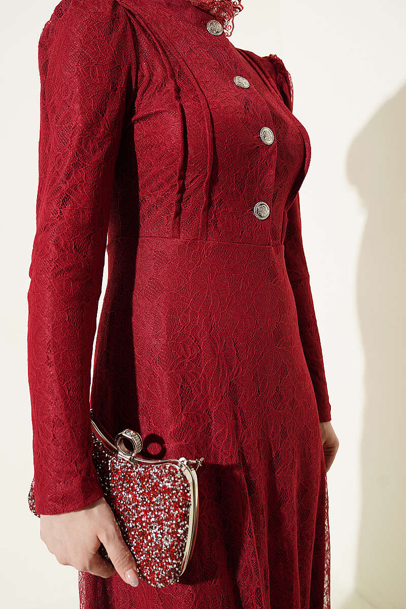 Half-Button Lace Evening Dress - Burgundy
