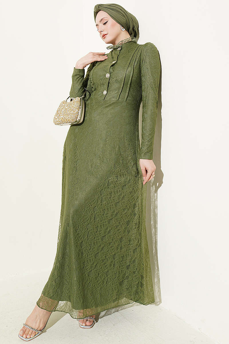 Half-Button Lace Evening Dress - Khaki