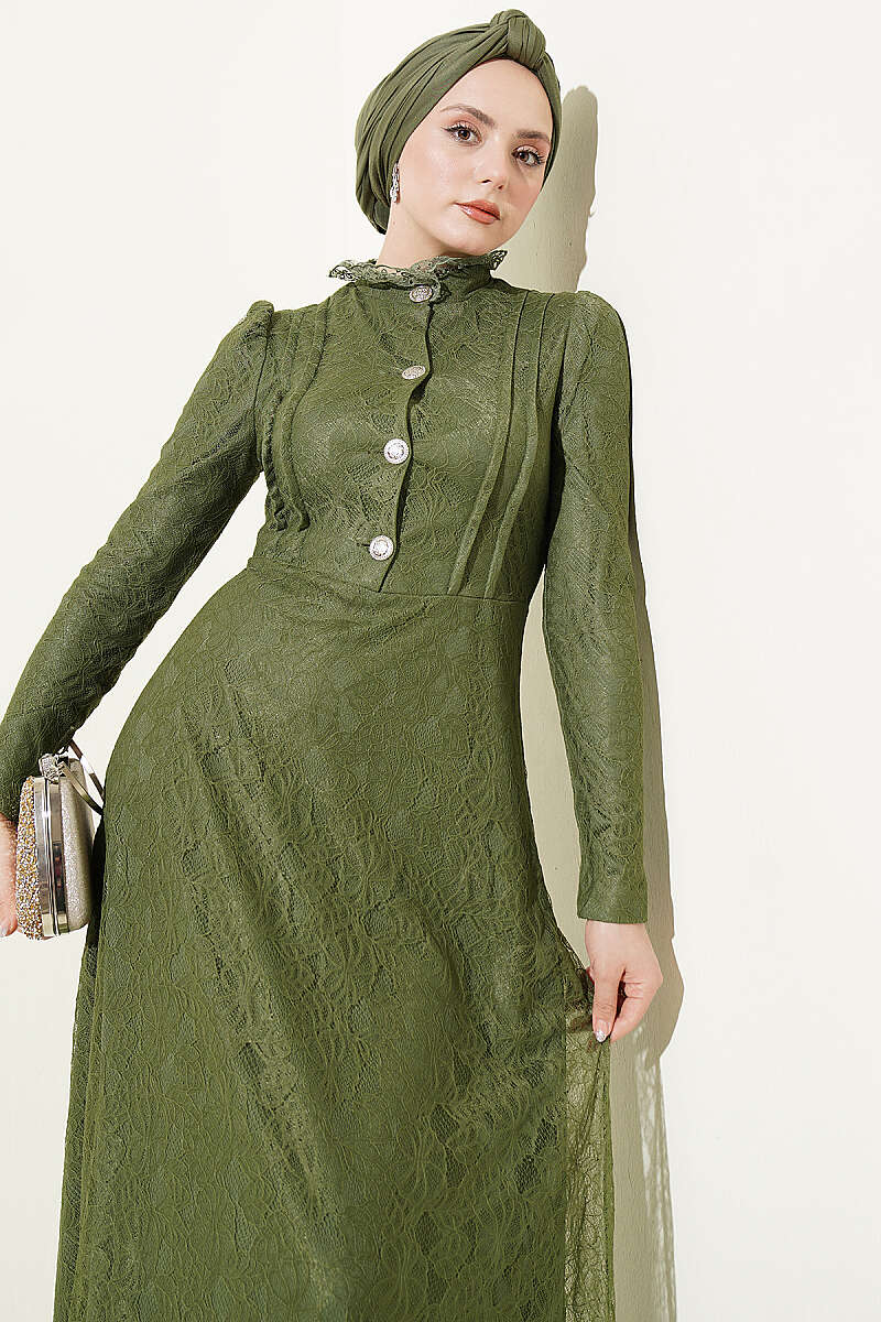 Half-Button Lace Evening Dress - Khaki