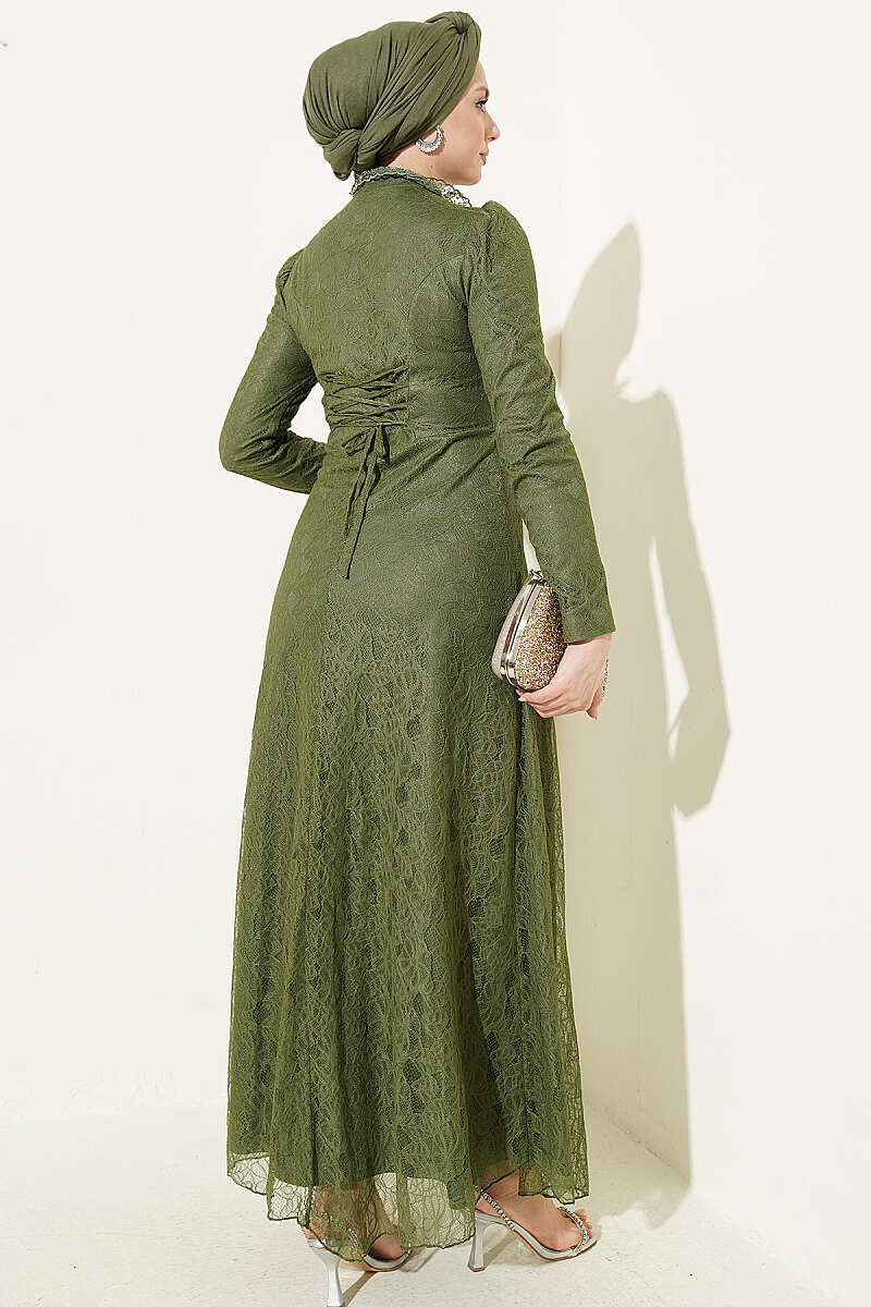 Half-Button Lace Evening Dress - Khaki