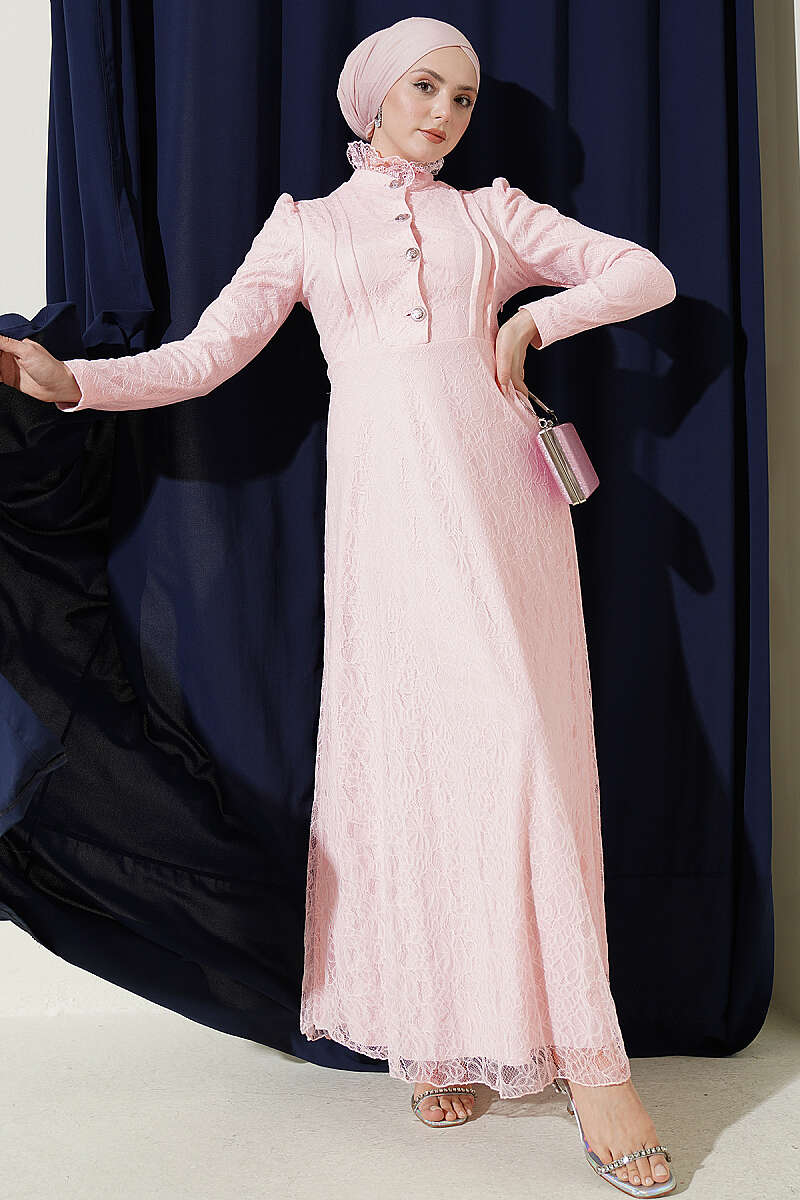Half-Button Lace Evening Dress - Powder
