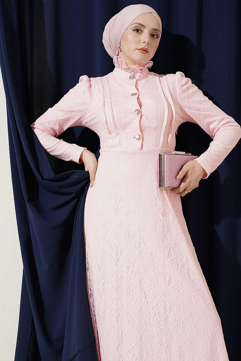 Half-Button Lace Evening Dress - Powder