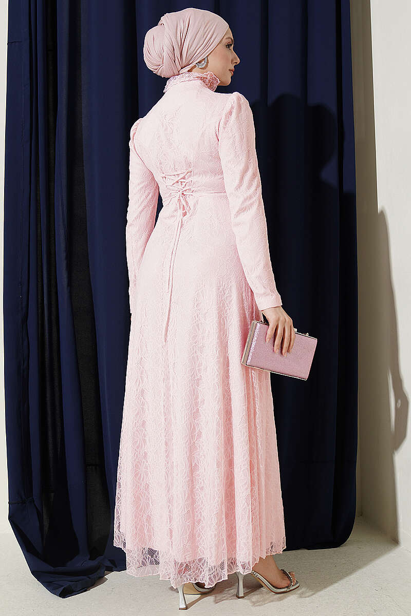 Half-Button Lace Evening Dress - Powder