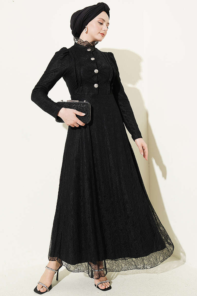 Half-Button Lace Evening Dress - Black