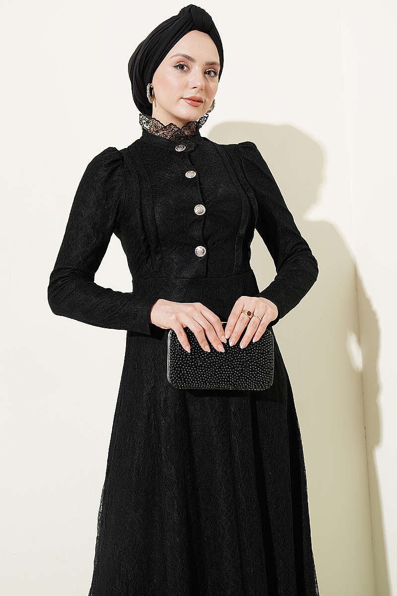 Half-Button Lace Evening Dress - Black