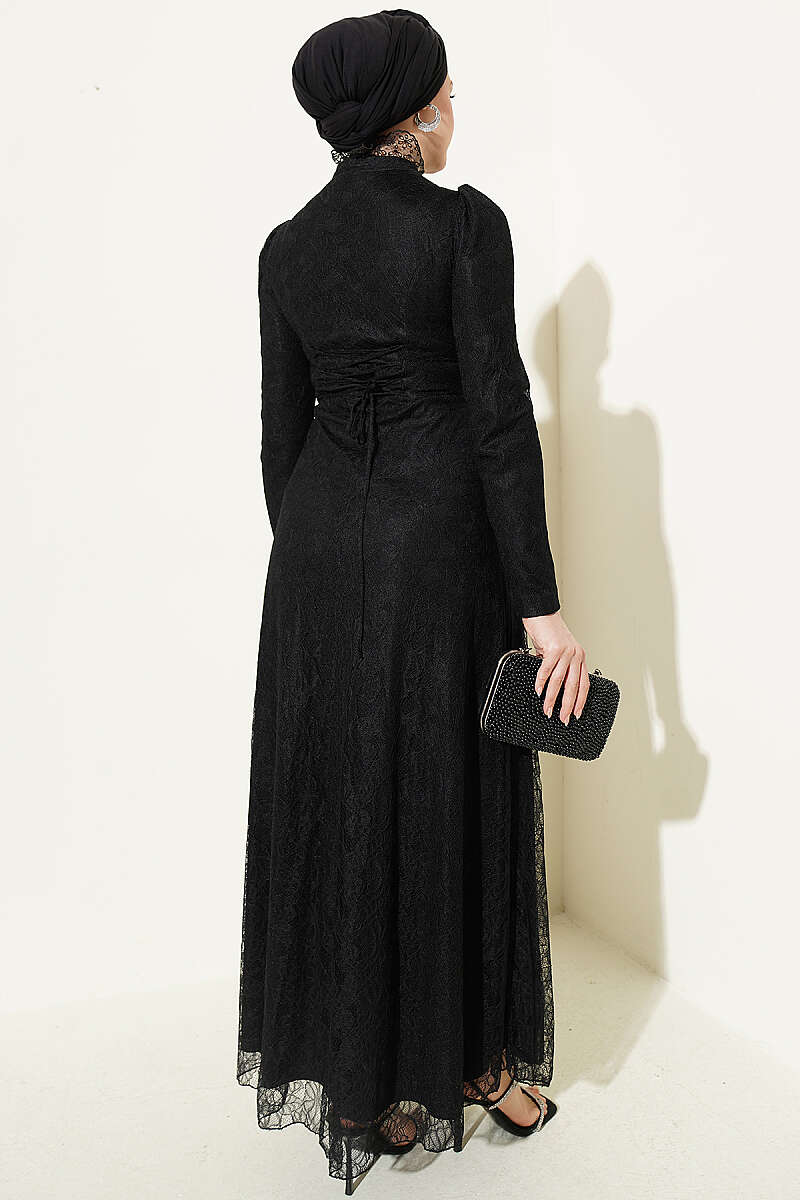 Half-Button Lace Evening Dress - Black