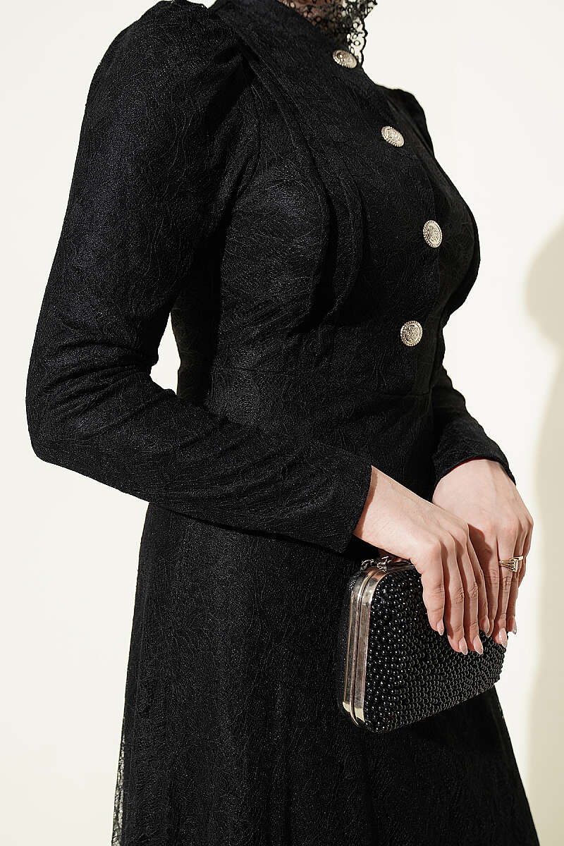 Half-Button Lace Evening Dress - Black